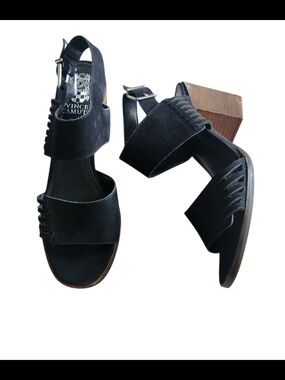 Karmelo Suede Block Heel Black Sandals Vince Camuto